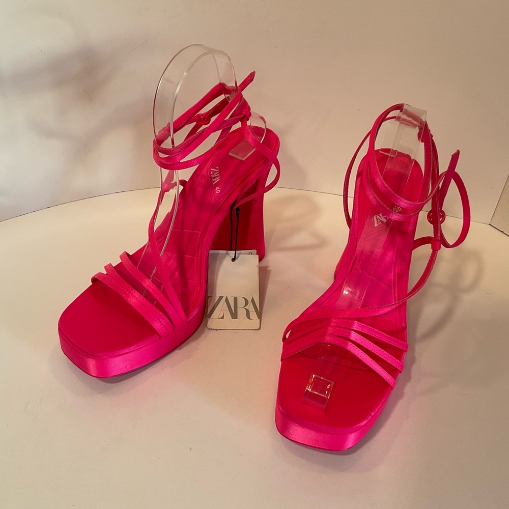 Zara hot pink platform strappy sandals nwt Sz 9 3338/010